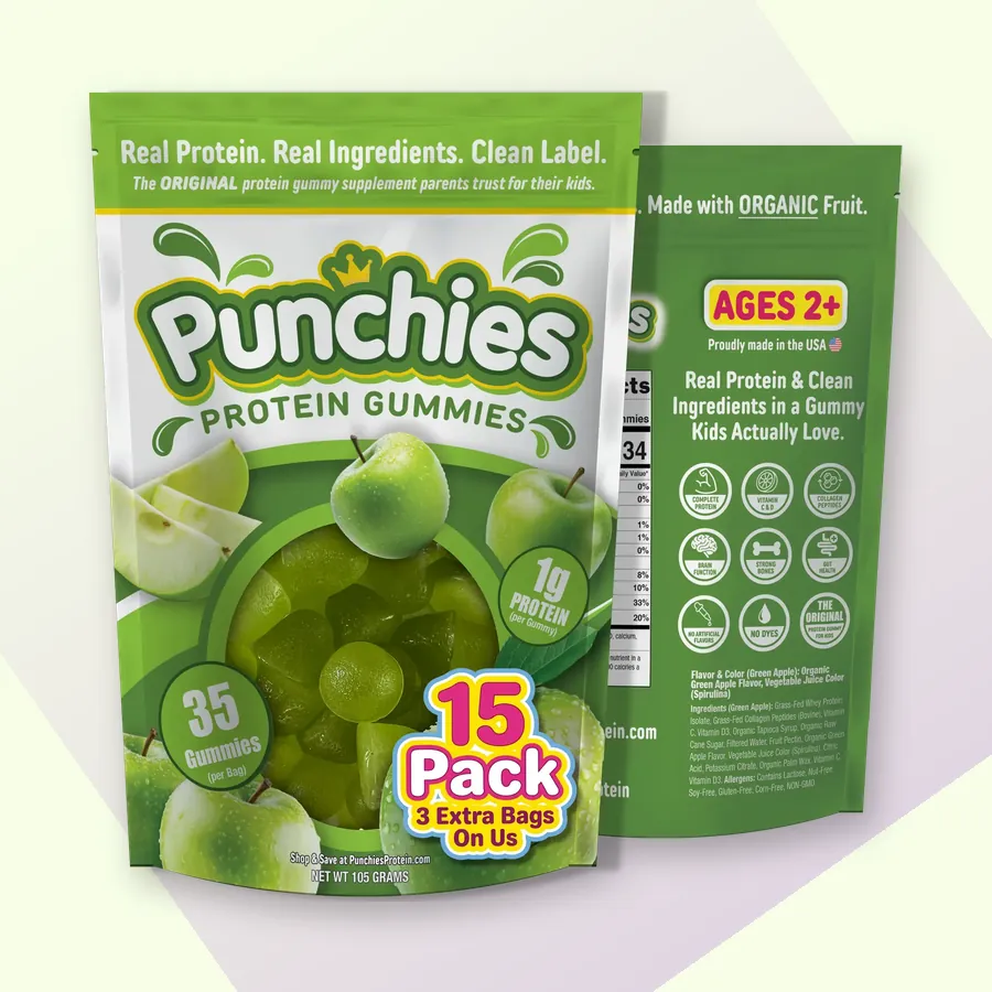 Vitamin gummies: Punchies green apple protein gummies, 15-bag pack