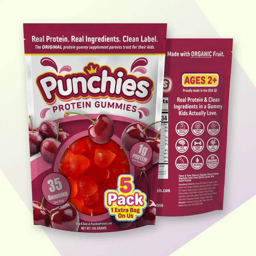 Vitamin gummies: Punchies cherry protein gummies, 5-bag pack