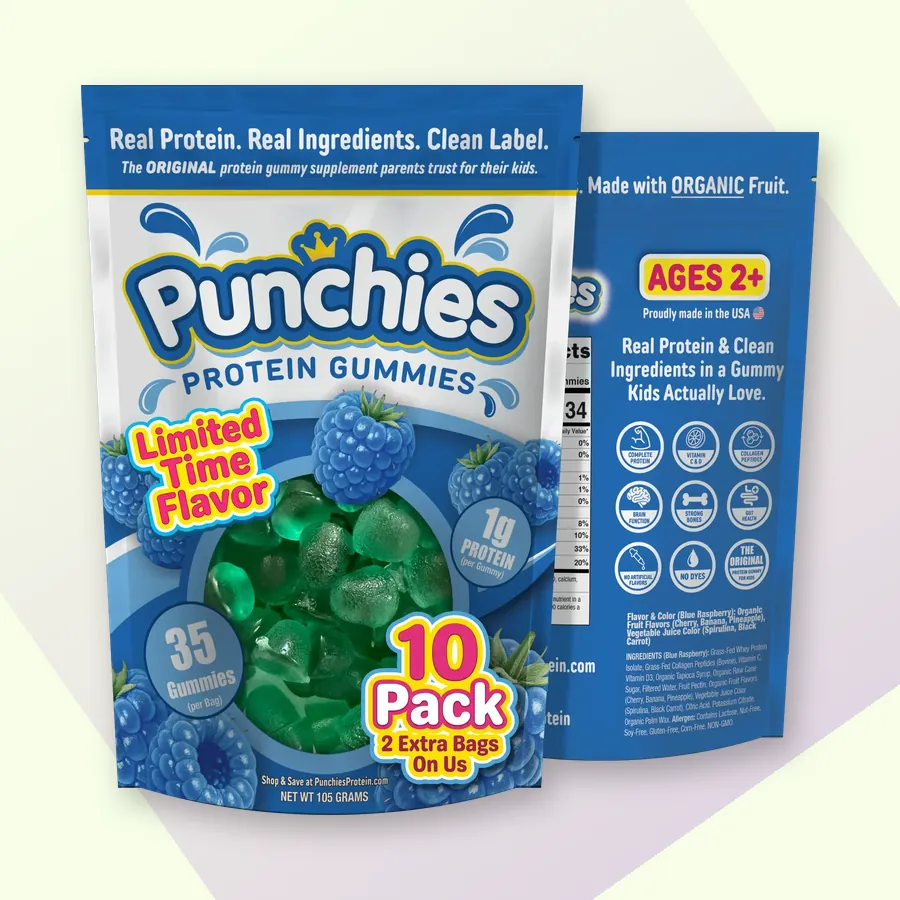 Vitamin gummies: Punchies blue raspberry (limited flavor) protein gummies, 10-bag pack
